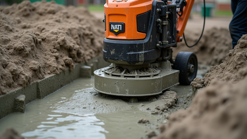 A close up view of a concrete vibrator, and a man using one